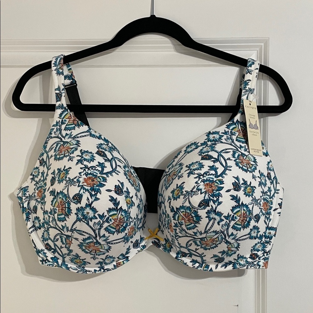 Cacique Cleavage Solution Cotton Boost Plunge Bra White Blue Floral NWT Size 42F